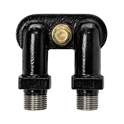 BT5-5597 is a Seltec Style E compressor manifold with an inverted vertical O-ring 3/4 x 7/8 fitting layout. Cross references include MEI 5597 and Omega 21-10198.