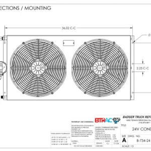 “B-734-24 powered 24V condenser with dual 16-inch fans and powder-coated shroud”
